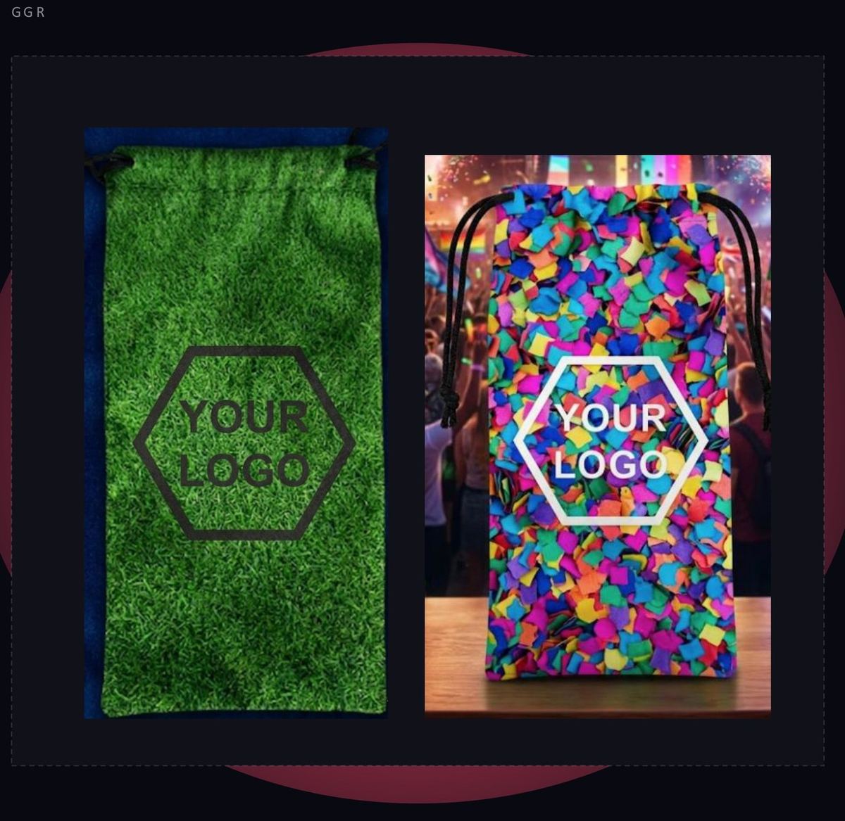 Branded pouches in grass and festival prints