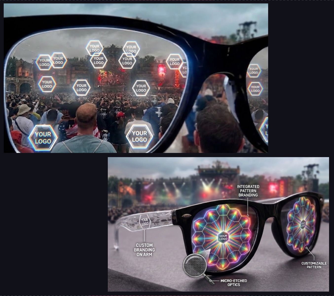 Diffraction glasses turning festival lights into hexagonal logos