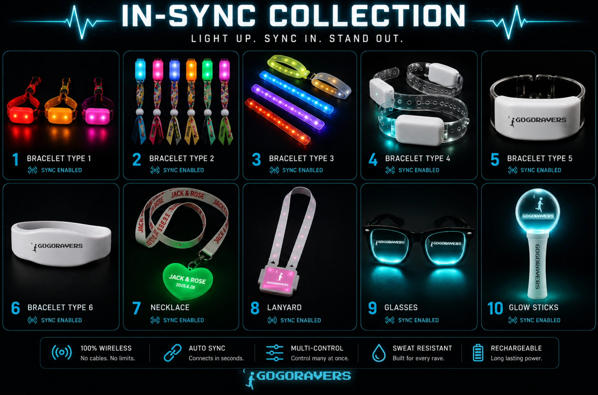 GGR In-Sync Collection — bracelets, necklace, lanyard, glasses, glow sticks