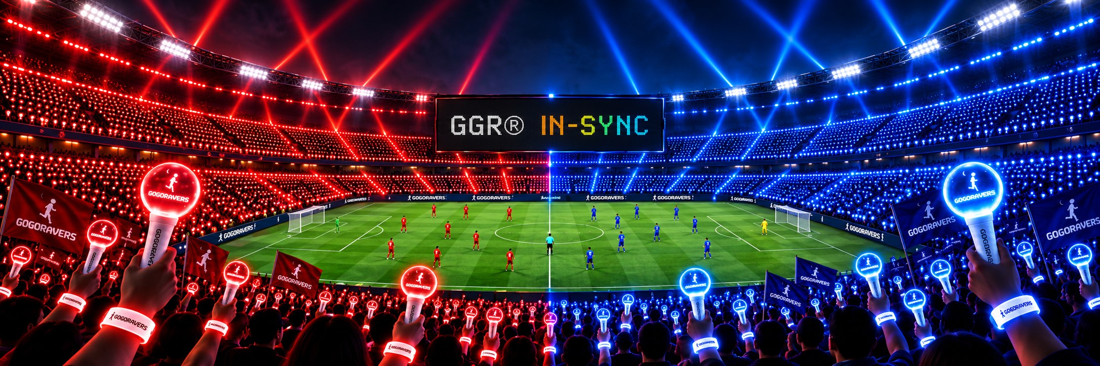 GGR® In-Sync — a stadium crowd lit in red and blue holding GogoRavers light-up spheres, flags and bracelets